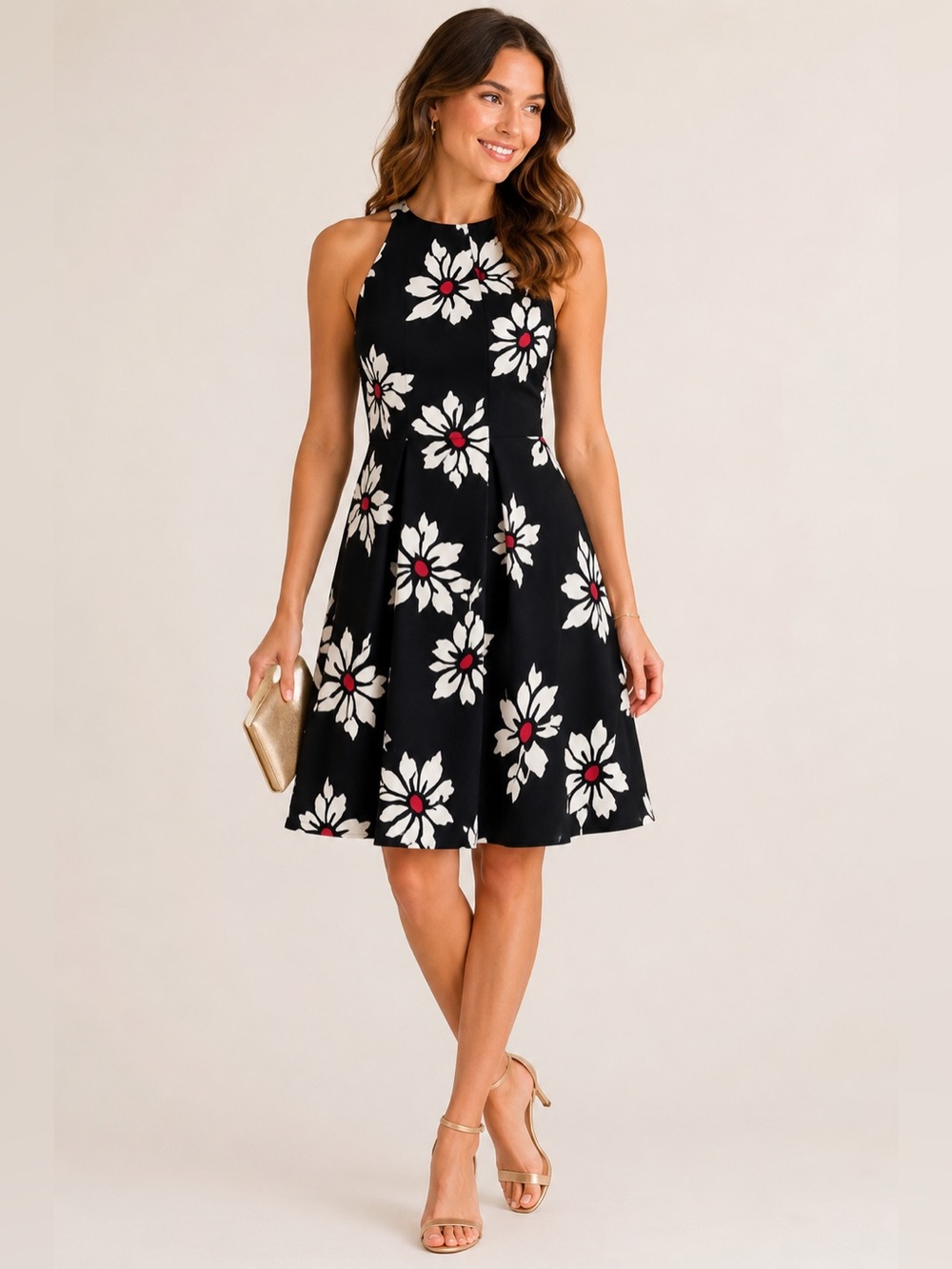 Adrianna Papell Black Floral Fit & Flare Dress High‎ Neck Flowers Size 4 Wedding